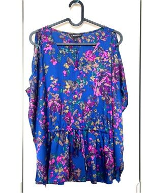 Express Royal Blue Floral Cold-Shoulder Tunic